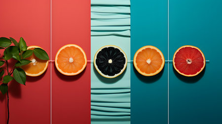 Creative layout made of citrus fruits on colorful background. Flat lay, top view.の素材