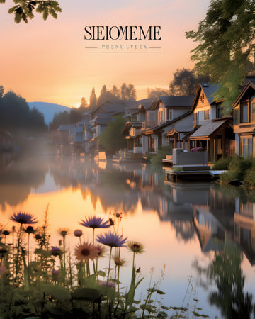 Wooden houses on the river bank at sunset. Beautiful landscape.の素材