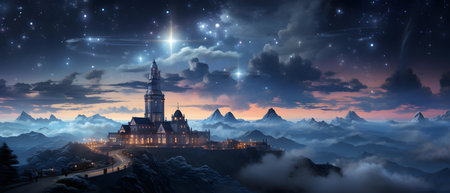 Fantasy landscape with a castle in the mountains. 3d renderingの素材
