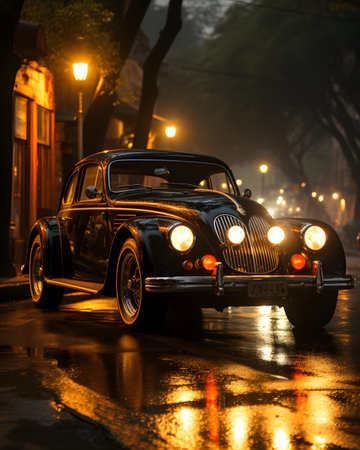 Old classic car on the road in the foggy city at nightの素材