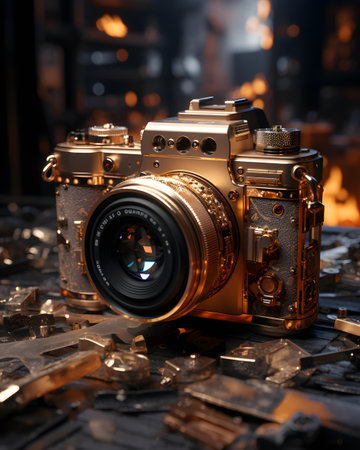 Old vintage camera on a dark background. The concept of photography.の素材