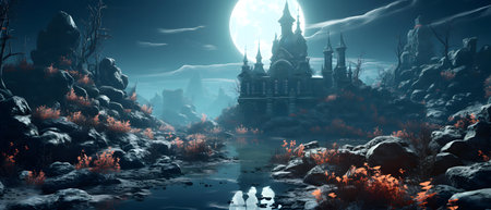 Fantasy landscape with castle and moon. 3d render illustration.の素材