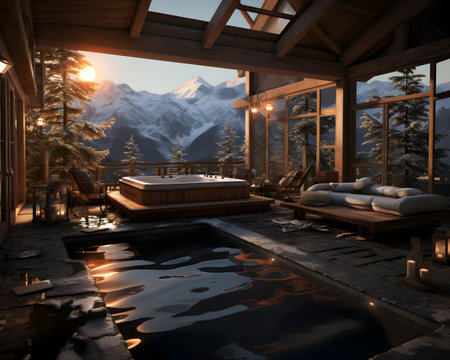 3d rendering of a modern chalet in the mountains at nightの素材