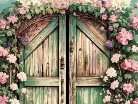 Beautiful vintage wooden door with blooming flowers. Spring background.の素材