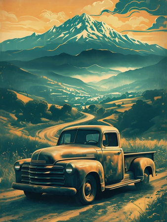 Vintage car on the road with mountain background. Digital painting.の素材