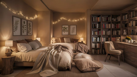 Luxury bedroom interior with bed and bookshelf. 3d renderの写真素材