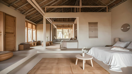Interior of a bedroom in a villa with a wooden roofの写真素材