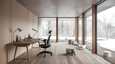Interior of modern office with white walls, wooden floor, panoramic window with winter landscape. 3d renderingの写真素材