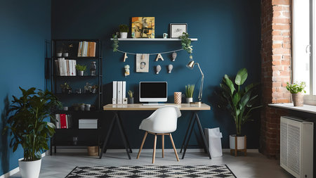 Modern home office interior with blue walls, wooden floor, computer desk, armchair, bookshelf and plants. 3d renderの写真素材