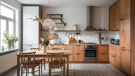 interior of modern kitchen with white walls, wooden floor and white countertopsの写真素材