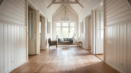 Luxury living room interior design with wooden floor and white wallsの写真素材