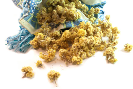 medicinal herbares in a little sac on the white backgroundの写真素材
