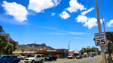 Hawaii cityscape, blue sky with white clouds