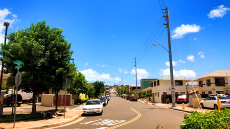 Hawaii cityscape, blue sky with white cloudsの写真素材