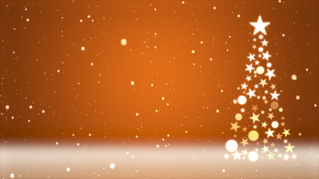 Christmas tree and colored background with falling snowflakesの写真素材