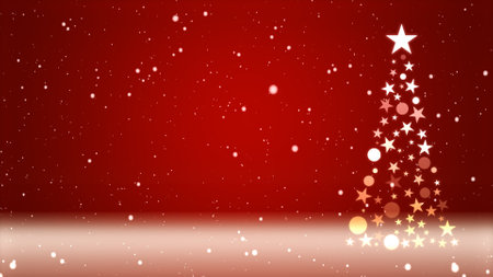 Christmas tree and colored background with falling snowflakesの写真素材