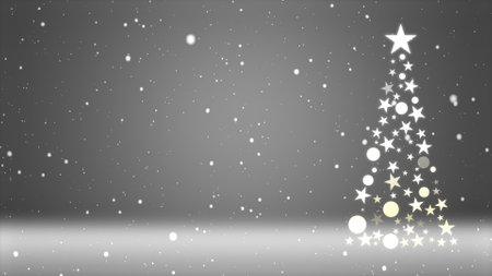 Christmas tree and colored background with falling snowflakesの写真素材