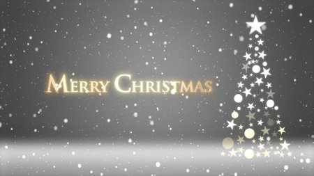 Christmas tree and colored background with snowflakes and Christmas letteringの写真素材