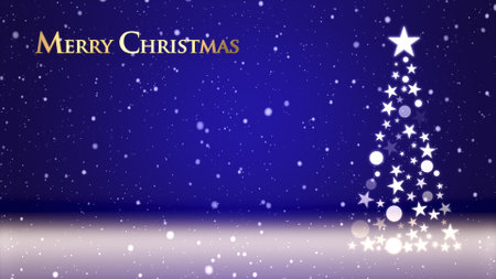 Christmas tree and colored background with snowflakes and Christmas letteringの写真素材