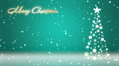 Christmas tree and colored background with snowflakes and Christmas letteringの写真素材
