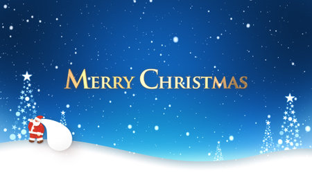 Santa Claus walking in falling snow and Merry Christmas letteringの写真素材