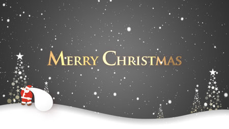 Santa Claus walking in falling snow and Merry Christmas letteringの写真素材
