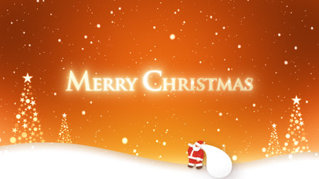 Santa Claus walking in falling snow and Merry Christmas letteringの写真素材