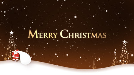 Santa Claus walking in falling snow and Merry Christmas letteringの写真素材