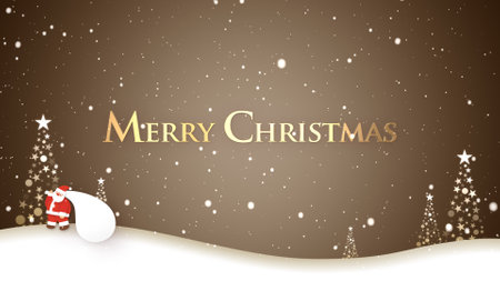 Santa Claus walking in falling snow and Merry Christmas letteringの写真素材