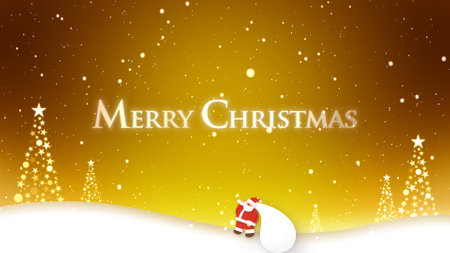 Santa Claus walking in falling snow and Merry Christmas letteringの写真素材