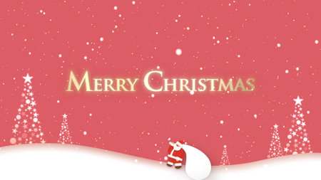 Santa Claus walking in falling snow and Merry Christmas letteringの写真素材