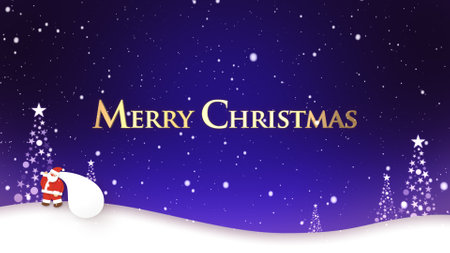 Santa Claus walking in falling snow and Merry Christmas letteringの写真素材