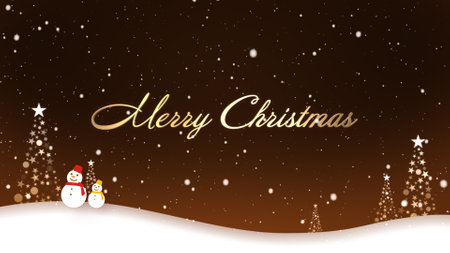 Snowman walking in falling snow and Merry Christmas letteringの写真素材