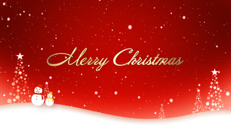 Snowman walking in falling snow and Merry Christmas letteringの写真素材