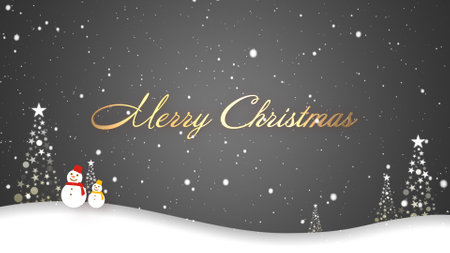 Snowman walking in falling snow and Merry Christmas letteringの写真素材