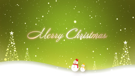 Snowman walking in falling snow and Merry Christmas letteringの写真素材
