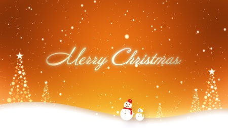Snowman walking in falling snow and Merry Christmas letteringの写真素材