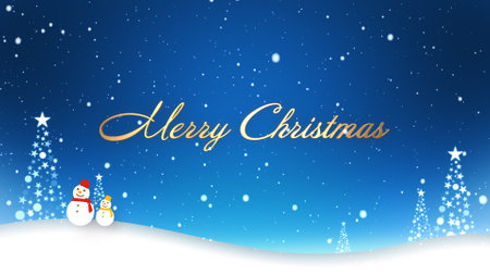 Snowman walking in falling snow and Merry Christmas letteringの写真素材