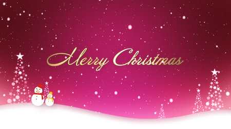 Snowman walking in falling snow and Merry Christmas letteringの写真素材