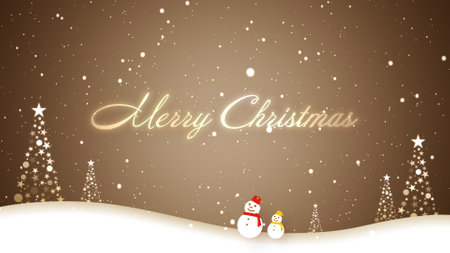 Snowman walking in falling snow and Merry Christmas letteringの写真素材