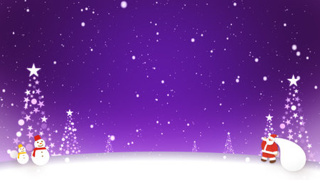 Santa Claus and snowmen stand in the snowの写真素材