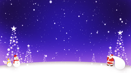 Santa Claus and snowmen stand in the snowの写真素材