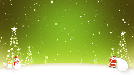 Santa Claus and snowmen stand in the snowの写真素材