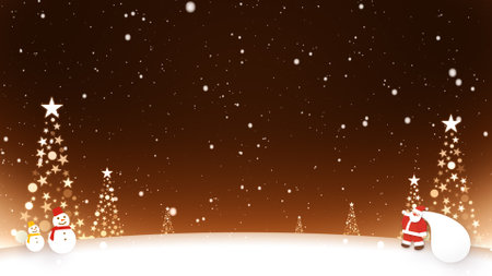 Santa Claus and snowmen stand in the snowの写真素材