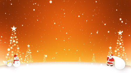 Santa Claus and snowmen stand in the snowの写真素材