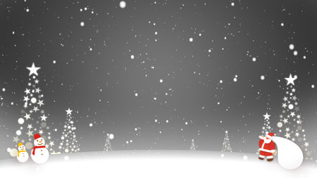 Santa Claus and snowmen stand in the snowの写真素材