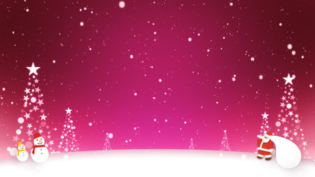 Santa Claus and snowmen stand in the snowの写真素材