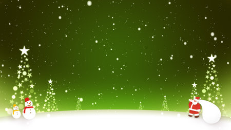Santa Claus and snowmen stand in the snowの写真素材