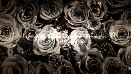 Crystal of snow and glitter flutter on rose backgroundの写真素材