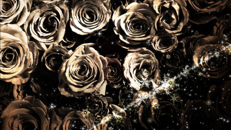 Crystal of snow and glitter flutter on rose backgroundの写真素材